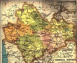 A multi-coloured map of Shimoga district with its various sub-districts.