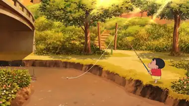 In-game screenshot of Shinnosuke fishing in a river at sunset.