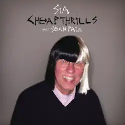 A male figure (the father of Sia's ex husband) wearing a black-white wig while smiling into the camera. The title and names of both the artist and featured artist are portrayed above his head.