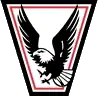 A black-and-white drawing of an eagle flapping its wings, overlayed on top of a red isosceles trapezoid bounded by a larger black isosceles trapezoid, with the longer base at the top and the shorter base at the bottom.