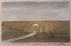 Watercolour painting of a simple stone arch bridge with two small side arches, crossing a river between grassy banks