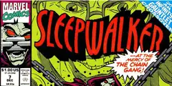 The top third of issue 7 of Sleepwalker. The logo is red and black on a green background. The icon identifying the issue as crossover is blue with white text. Two sides of the triangle is formed by the top and right edges of the page. The sides are approximately one inch in length.