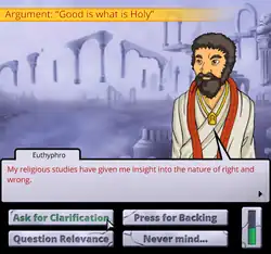 A screenshot from the game Socrates Jones: Pro Philosopher, showing an argument, with a character sprite, a dialogue box, and buttons for selecting what to do displayed.