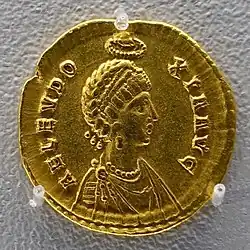 Solidus of Arcadius' wife Aelia Eudoxia crowned by the Manus Dei (hand of God)