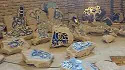 Remnants of the original tiling that were broken during an earthquake, displayed in the southern shabistan of the mosque