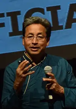 Sonam Wangchuk wearing 'Goucha',traditional robe of Ladakh and delivering a speech in 2017.