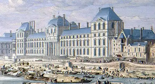 From 1660 to 1663, Louis Le Vau extended the south wing by duplicating Lescot's austere terminal pavilion and wing but providing an original central pavilion with a colossal order of engaged Corinthian columns rising from the ground[34]: 11–12  (detail from an engraving by Jan van Huchtenburg after Adam Frans van der Meulen)