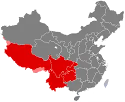 Government-defined region of Southwest China. Red: controlled by China; light red: disputed territory