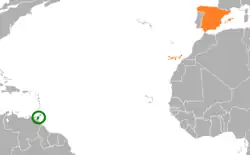 Map indicating locations of Spain and Trinidad and Tobago