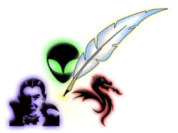 vampire, face of little green man, feather pen (quill) and fire-breathing dragon – to the right of that are scripted words "Speculative (over) Fiction"