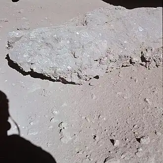 Boulder of impact melt ("breccia block") photographed and sampled at Spur crater. Sample 15445 is believed to be a fragment of the boulder.