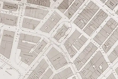 In this 1850 map, the church now sits in St Peter's Square surrounded by buildings and tram lines