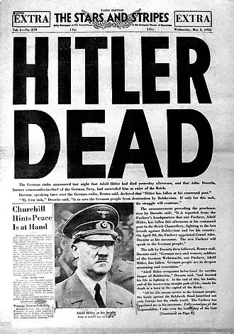 Newspaper cover with the title "Hitler Dead"