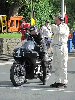 Start of 500 cc Classic Senior Manx Grand Prix – Alan Oversby (1) 500 cc Matchless TT Grandstand Wednesday 29 August 2012