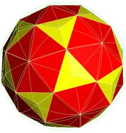 Tripentakis icosidodecahedron, the Kleetope of the icosidodecahedron, can be obtained by raising low pyramids on each equilateral triangular face on a pentakis icosidodecahedron. It has 120 isosceles triangle faces (2 types), 180 edges (3 types) and 62 vertices (3 types).