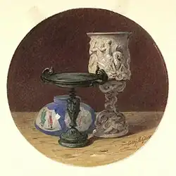 Circular watercolour still life with an ornamental goblet and an upturned bowl, c. 1830–1876.