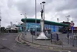 The Stourbridge Interchange, a one-storey modern glass building shaped vaguely like a leaf