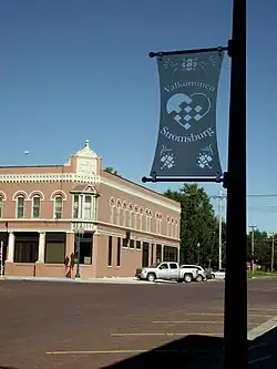 Stromsburg brick street and Välkommen sign, September 2011