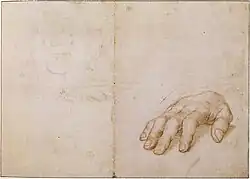 Louvre, Study of right hand of Erasmus by Holbein, with sketch of face. The hand relates to the London portrait; the face seems to be later, and related to the roundel of c. 1532