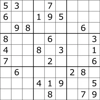 A typical Sudoku puzzle, with nine rows and nine columns that intersect at square spaces. Some of the cells are filled with a number; others are blank cells to be solved.
