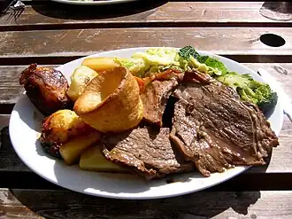 An English Sunday roast with roast beef, roast potatoes, vegetables and Yorkshire pudding