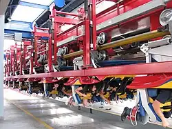 Wheel assemblies on the B&M flying coaster, Superman Ultimate Flight. Note the same-sized running and up-stop wheels, a common configuration on flying coasters.