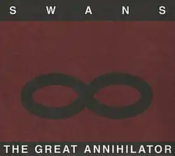 A black infinity symbol on a red background.