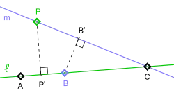 Two lines, six points on them, and two perpendicular segments from a point on one line to a point on the other, labeled as described in Kelly's proof