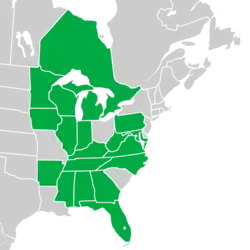 Symphyotrichum shortii native distribution map: Canada — Ontario; US — Alabama, Arkansas, Florida, Georgia, Illinois, Indiana, Iowa, Kentucky, Maryland, Michigan, Minnesota, Mississippi, North Carolina, Pennsylvania, Tennessee, Virginia, West Virginia, and Wisconsin.