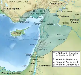 Map depicting the kingdom of Syria in the year 95 BC when it was divided between Seleucus VI in the north with his capital at Antioch; Demetrius III in the south with his capital at Damascus; and Antiochus X in the west with his base at Arwad