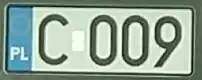 A squarish license plate reading C009. Its width mimics U.S. license plates' size, but it's shorter vertically.