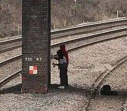 A pair of graffiti artists painting a bridge on the Erewash Valley line, 2010