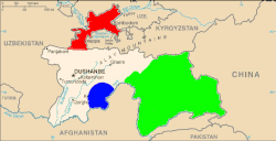 Tajikistan factions in civil war: Leading clans: Northern Sughd Region (red), Southern Khatlon Region (blue), Pamir (Gorno-Badakhshan) (green)