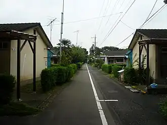 A road lined with small houses.