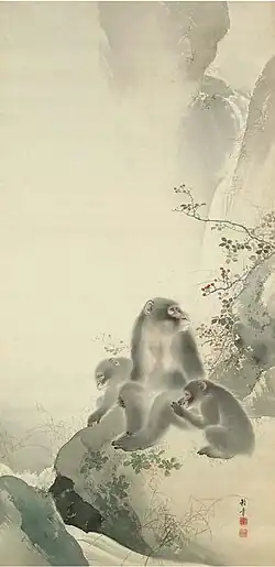 Three Monkeys on Bank Near Waterfall (1907)