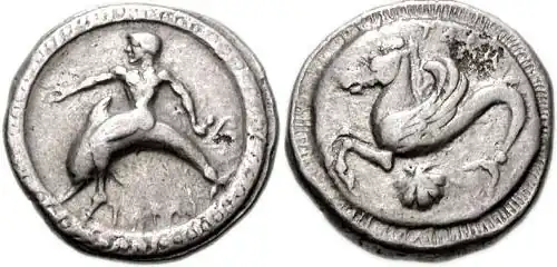 5th-century BC Greek coins of Taras (now Taranto) with the eponym Taras hero riding a dolphin