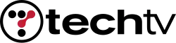 Five dots arranged to form a letter T. The upper right and middle center dot are red and are connected to each other; the others are black. All of this is encased in a black ring, with the words "Tech" and "TV" lowercase in an extended sans serif, "Tech" bolder than "TV", to the right.