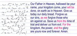 The text of the English Language Liturgical Consultation version of the Lord's Prayer, written in Teeline Shorthand and in Latin script for comparison.