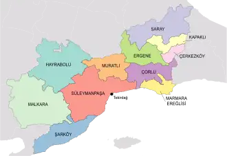 Map showing Çorlu District in Tekirdağ Province