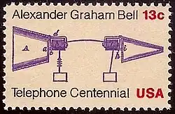 Image 33 Bell prototype telephone stamp Centennial Issue of 1976 (from History of the telephone)