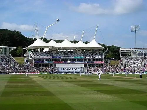 A colour photo of the pavilion of the Rose Bowl cricket ground.