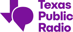 An outline of the state of Texas with the lower and right portion turned into a speech bubble, in purple, next to the words Texas Public Radio on three lines