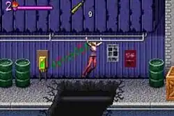 A screenshot of Buffy Summers climbing across metal bars in an urban setting.