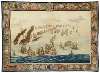 The Burning of the Royal James (Later in the Day), tapestry by Willem van de Velde the Elder