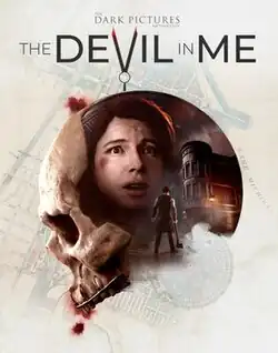 The cover art for The Devil in Me. In the foreground is the logo of The Dark Pictures Anthology, a skull facing the left side of the image. The skull in question has a metal wire over its teeth with hooks from the wire going into the skull's lip area. An image of Kate Wilder with a frightened expression and Granthem Du'Met holding an axe, while standing in front of the H. H. Holmes "Murder Castle" replica, are overlaid on the cranium.