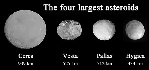 Image 4The four largest asteroids: Ceres, Vesta, Pallas, Hygiea. Only Ceres and Vesta have been visited by a spacecraft and thus have a detailed picture. (from Solar System)
