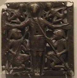 The Kells Crucifixion Plaque, British Museum, 11th or 12th century. H: 8.2&nbsp;cm (3.2&nbsp;in)[17]