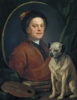 An oval portrait of a white man in a fur-rimmed hat. Before the portrait, there are a palette and a dog.