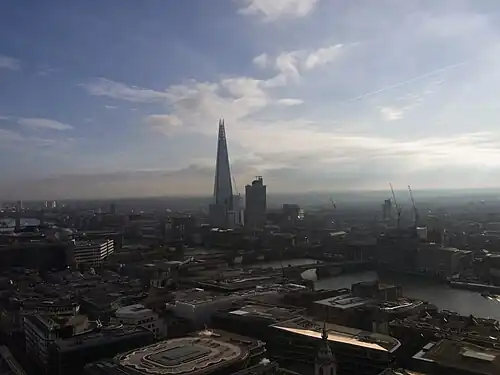 The skyline of Southwark, prominently featuring The Shard. Completed in 2012 at London Bridge, it is London's tallest building at 309.6 m. Shown here in December 2019 with Guy's Hospital to the right. Two more prominent high-rises will soon join the cluster: Chapter London Bridge a 133 m building that topped out in 2024, and Edge London Bridge at 109 m, now under construction.