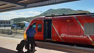 The Spirit of Queensland, readying to depart Townsville towards Cairns, with Castle Hill in the background, 2025